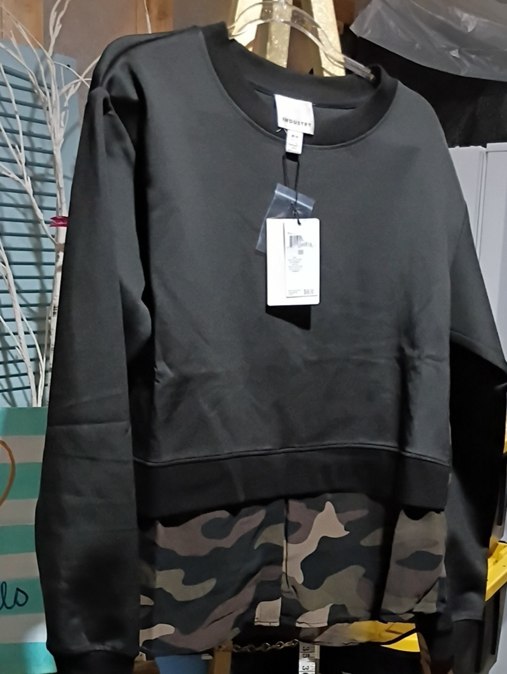 Women's Black Layered Sweatshirt/Blouse with Camouflage Hem